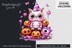 Watercolor Pink Cute Cat Halloween Clipart Product Image 1