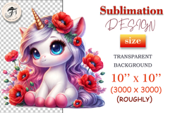 Watercolor unicorn with pink mane and blooming poppies – for t-shirts, mugs, nursery prints.