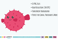 Pink kawaii puffer fish clipart with cute smiling face and spikes, ocean animal illustration.