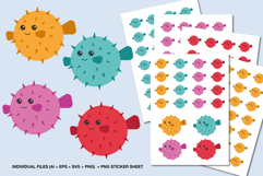 Set of cute colorful puffer fish stickers in orange, teal, pink and red, with printable sticker sheets included, perfect for kids crafts, scrapbooking and ocean themed projects.