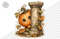 Cute Pumpkin Character Behind Stone Column PNG Product Image 1