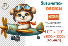 Cute cartoon puppy pilot flying a vintage airplane, watercolor sublimation clipart for kids, nursery decor, stickers, t-shirts, and greeting cards.