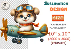 Cute cartoon puppy pilot flying a vintage airplane, watercolor sublimation clipart for kids, nursery decor, stickers, t-shirts, and greeting cards.