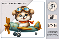 Cute cartoon puppy pilot flying a vintage airplane, watercolor sublimation clipart for kids, nursery decor, stickers, t-shirts, and greeting cards.