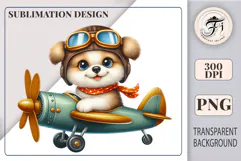 Cute cartoon puppy pilot flying a vintage airplane, watercolor sublimation clipart for kids, nursery decor, stickers, t-shirts, and greeting cards.