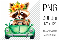 Cute Raccoon driving a vintage car sublimation design. Ideal for sublimation, scrapbooking, invitations, nursery prints, stickers, and more.