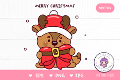 Cute Reindeer Christmas hug Santa bow kawaii clipart png Product Image 1