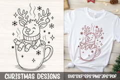 Smiling reindeer in cocoa mug with scarf and sparkles—single-color SVG for shirts, mugs, pajamas, stickers, and winter crafts.