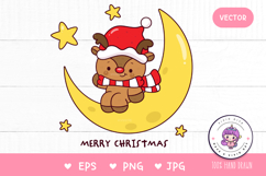 Christmas Reindeer on moon kawaii clipart png Cute cartoon Product Image 1
