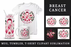 Cute ribbon pink flowers breast cancer awareness Hope Blooms quote print 20 oz tumbler skinny mug wrap clipart t-shirt sublimation printable design