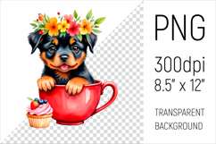 Cute Rottweiler Puppy in Red Mug Sublimation PNG. Great for dog mom gifts, childrens room decor, birthday presents, or pet-themed creations.
