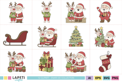 Santa Claus hugging reindeer with presents, sweet Christmas illustration for kids.