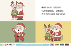 Santa Claus hugging reindeer with presents, sweet Christmas illustration for kids.