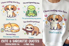 Cute and sarcastic animal sublimation quote bundle with relatable self-care and low energy humor. Perfect for sublimation on shirts, mugs, tumblers, stickers and gifts. High-quality PNG files for trendy and cute sarcastic designs.