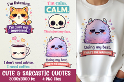 Cute and sarcastic sublimation quote bundle with funny characters, coffee humor and relatable mood designs. Perfect for shirts, mugs, tumblers, stickers and gifts. High-quality PNG files made for sublimation printing. Ideal for cute humor, sassy quotes an