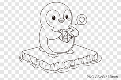 Penguin holding ice heart line art SVG summer clipart illust Product Image 1