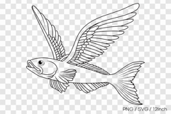 Ornate wing flying fish line art SVG summer clipart PNG Product Image 2