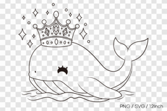 Whale wearing crown outline SVG summer clipart illust PNG Product Image 1