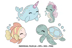 Cute sea animals clipart with narwhal seahorse fish and sea turtle