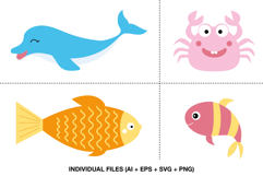 Cute sea animals clipart with dolphin crab and fish