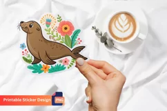 Cute Sea Lion Flowers Sticker, Cute Animal Sticker Product Image 1