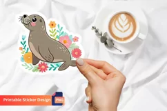 Cute Sea Lion Flowers Sticker, Cute Animal Sticker Product Image 1