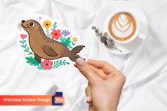 Cute Sea Lion Flowers Sticker, Cute Animal Sticker Product Image 1
