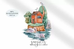 Watercolor cute lighthouse and seagulls clipart - 1 png Product Image 1
