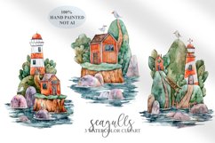 Watercolor cute lighthouse and seagulls clipart - 3 png Product Image 1