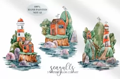 Watercolor cute lighthouse and seagulls clipart - 3 png Product Image 1