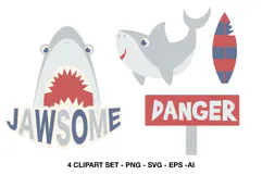 Cute shark clipart set with Jawsome design, surfboard and danger sign