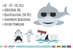 Funny shark clipart with sunglasses and danger sign for kids party decor.
