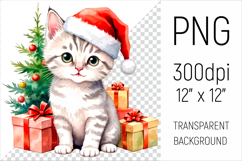 Cute Silver tabby Cat with Santa Hat. Perfect for sublimation, greeting cards, stickers, planners, DIY gifts, and all your holiday projects!