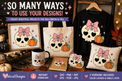 Cute Skull SVG with Bow &amp; Pumpkin, Halloween svg Product Image 2