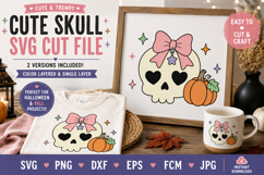 Cute Skull SVG with Bow &amp; Pumpkin, Halloween svg Product Image 1