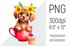 Cute Spaniel Puppy in Red Mug Sublimation PNG. Great for dog mom gifts, childrens room decor, birthday presents, or pet-themed creations.