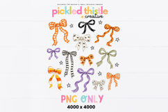 PNG design with hand drawn Halloween bows arranged together, featuring pumpkins, ghosts, bats, stars, loose outlines, and painted texture.