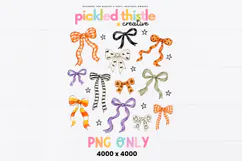 PNG design with hand drawn Halloween bows arranged together, featuring pumpkins, ghosts, bats, stars, loose outlines, and painted texture.