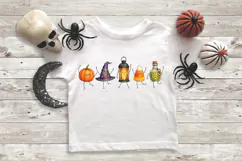 Watercolor-style Halloween PNG with five smiling seasonal characters, including a pumpkin, purple witch hat, glowing lantern, candy corn and green potion bottle.