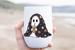 Cute spooky season PNG with ghost and iced drink