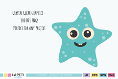 Blue kawaii starfish clipart with smiling face and dots, ocean animal illustration.