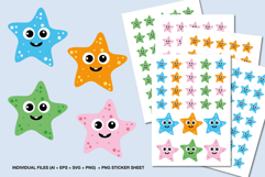 Cute colorful starfish stickers in blue, orange, green and pink with happy faces, shown as individual cliparts and printable sticker sheets for kids crafts.