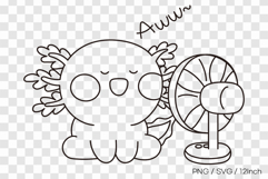Cute summer axolotl with electric fan line art coloring page Product Image 1