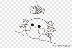 Cute summer axolotl watching a little fish line art coloring Product Image 1