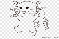 Cute summer axolotl catching a fish with rod line art Product Image 1