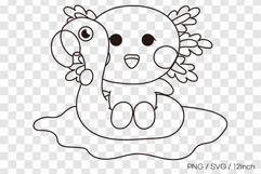 Cute summer axolotl floating on flamingo tube line art Product Image 1