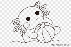 Cute summer axolotl holding a beach ball floating on water Product Image 1