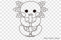 Cute summer axolotl hugging boba milk tea cup drinking Line Product Image 1
