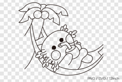 Cute summer axolotl sleeping on palm tree hammock line art Product Image 1