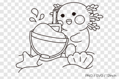 Cute summer axolotl looking up at hanging fish line art Product Image 1